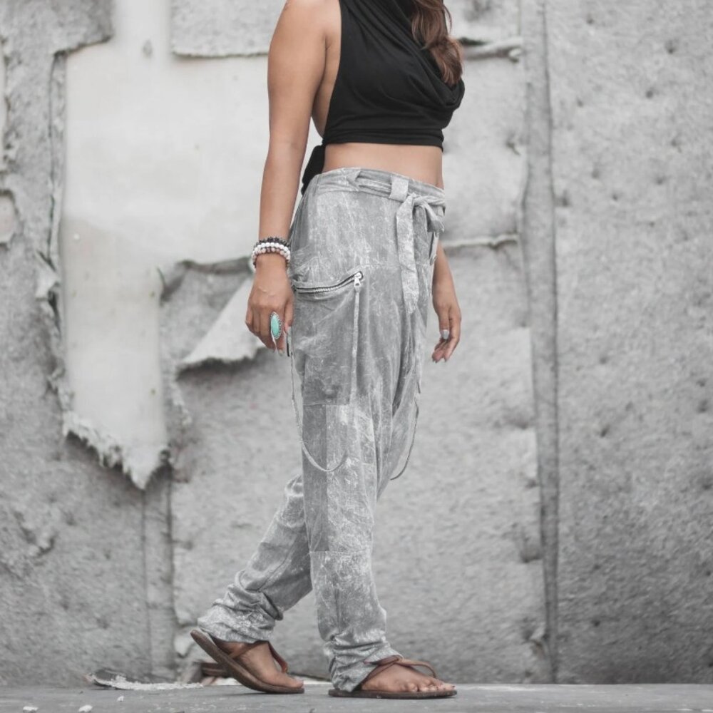 Harem Pants Acid Washed Cotton Unisex Drop Crotch Pants with Pockets (S/M)